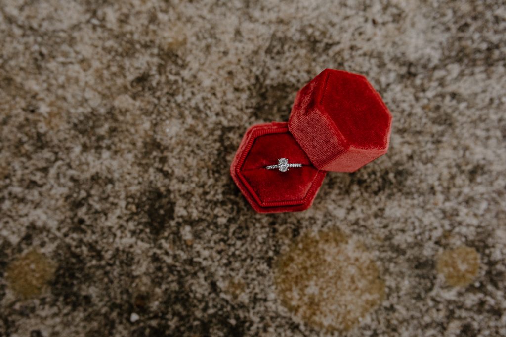 engagement ring in red velvet ring box