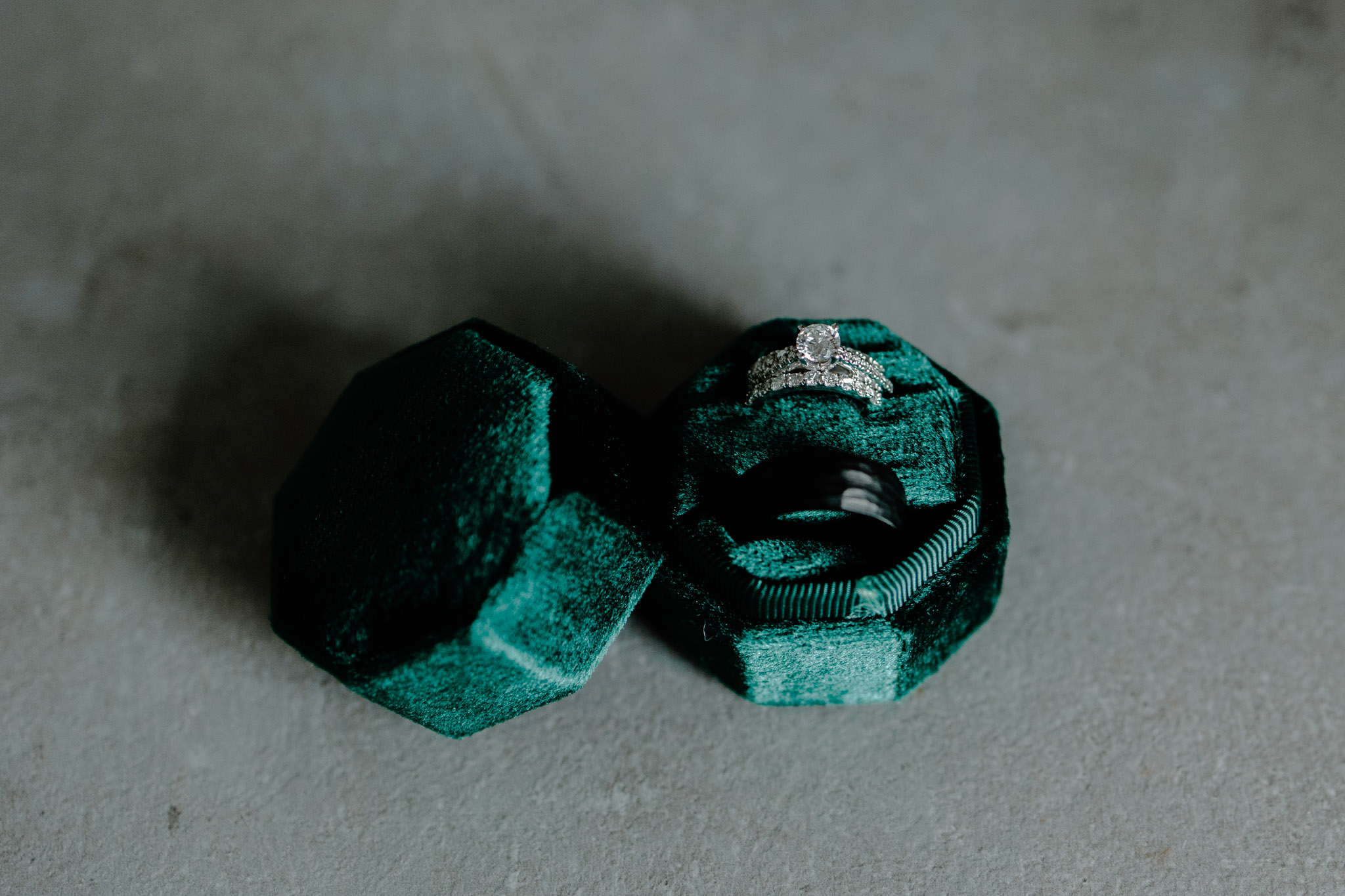 ring detail in a green velvet box